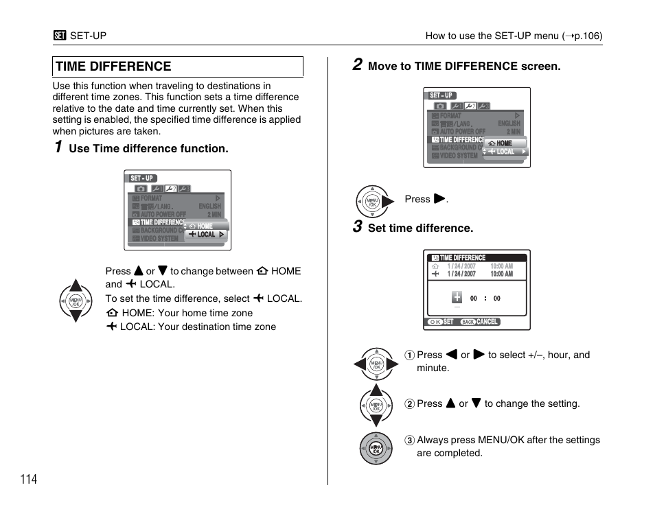 Time difference, Use time difference function, Move to time difference screen | Set time difference | FujiFilm F45fd User Manual | Page 114 / 180