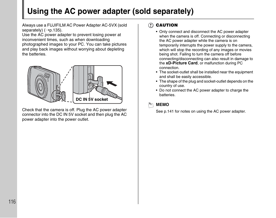 Using the ac power adapter (sold separately) | FujiFilm F45fd User Manual | Page 116 / 180