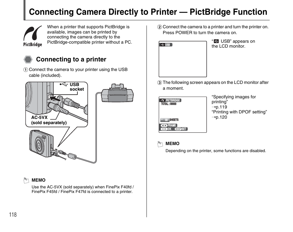 Connecting to a printer | FujiFilm F45fd User Manual | Page 118 / 180