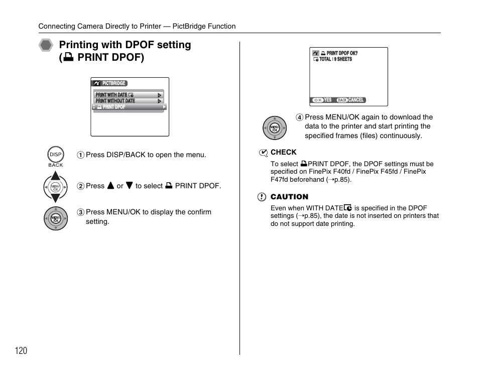 Printing with dpof setting ( u print dpof) | FujiFilm F45fd User Manual | Page 120 / 180