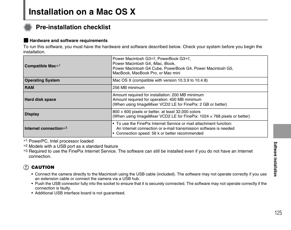 Installation on a mac os x, Pre-installation checklist | FujiFilm F45fd User Manual | Page 125 / 180