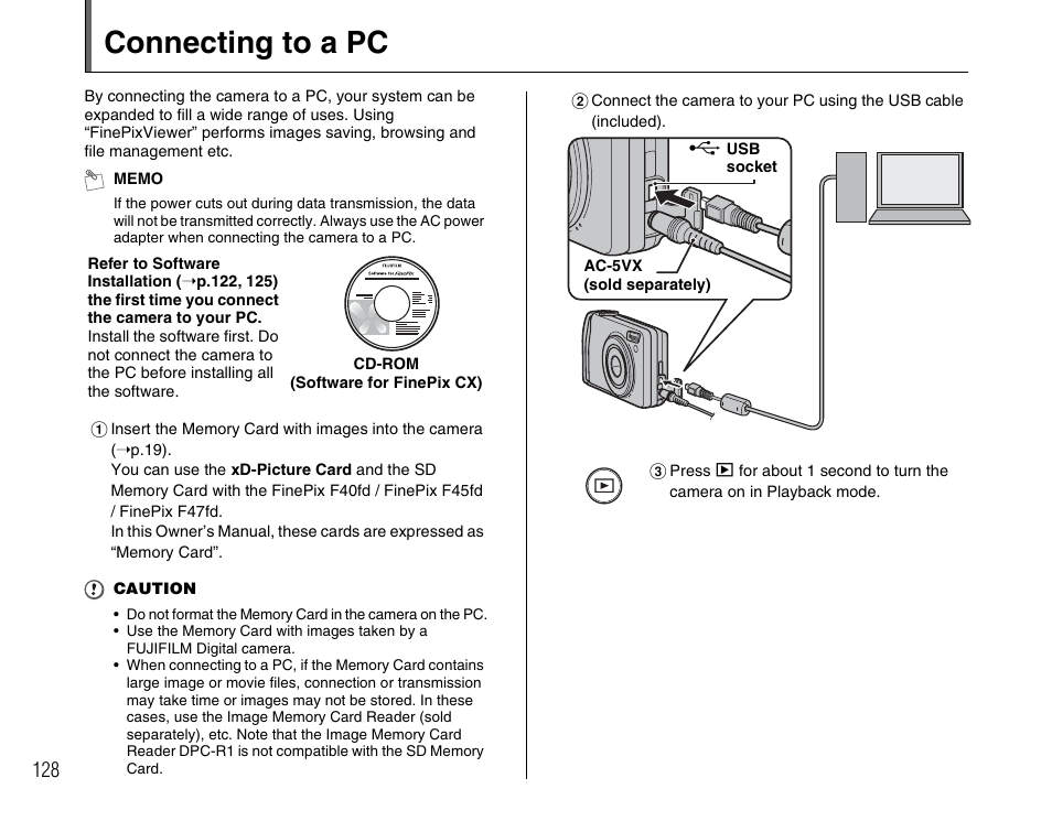 Connecting to a pc | FujiFilm F45fd User Manual | Page 128 / 180