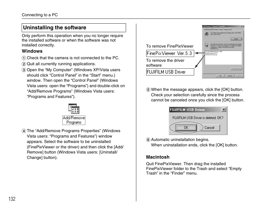 Uninstalling the software | FujiFilm F45fd User Manual | Page 132 / 180