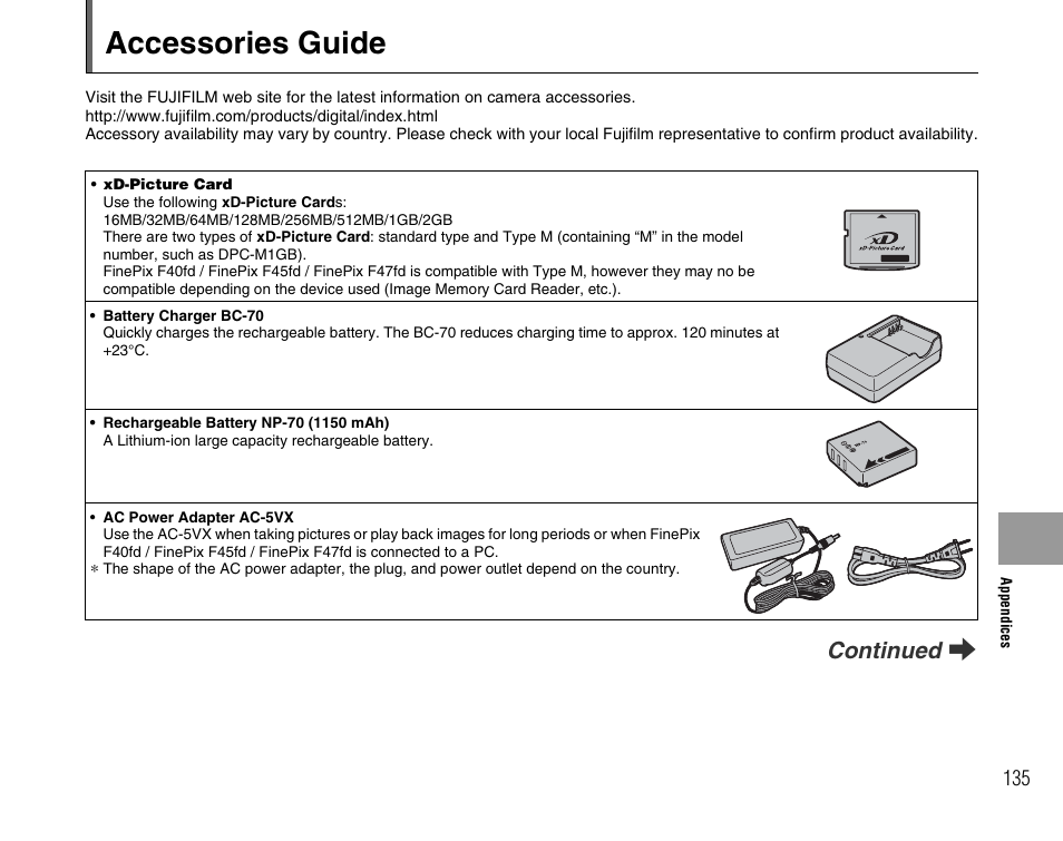 Accessories guide, Continued q | FujiFilm F45fd User Manual | Page 135 / 180