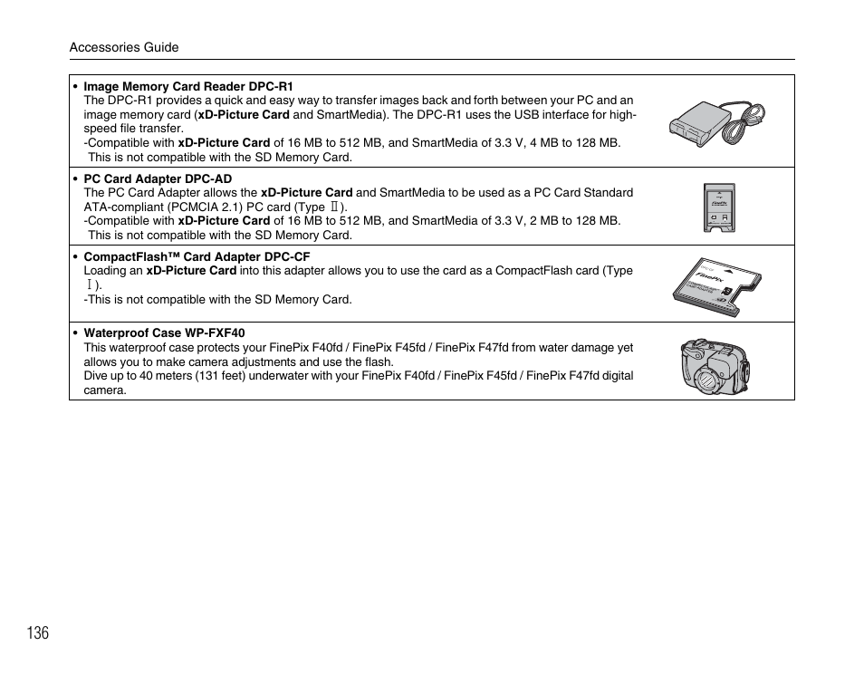 Accessories guide, Tm for xd-p icture card | FujiFilm F45fd User Manual | Page 136 / 180