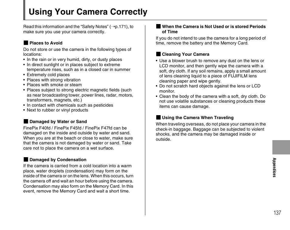 Using your camera correctly | FujiFilm F45fd User Manual | Page 137 / 180