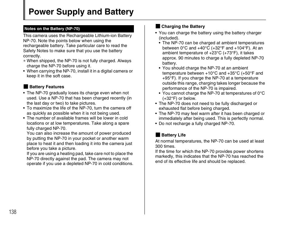 Power supply and battery | FujiFilm F45fd User Manual | Page 138 / 180