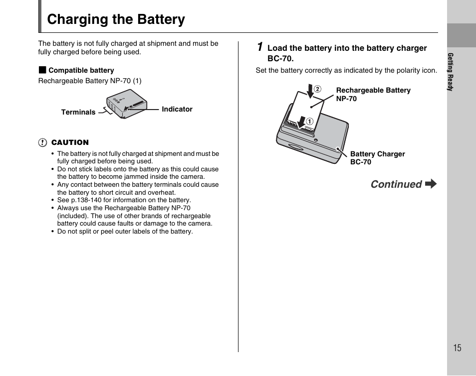 Charging the battery, Continued q | FujiFilm F45fd User Manual | Page 15 / 180