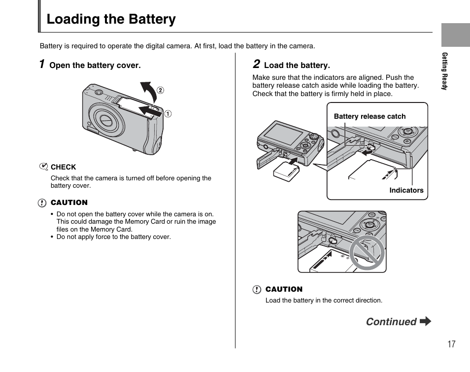 Loading the battery, Continued q | FujiFilm F45fd User Manual | Page 17 / 180