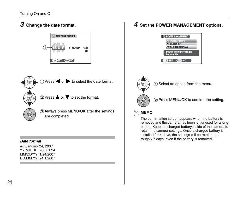 Change the date format, Set the power management options | FujiFilm F45fd User Manual | Page 24 / 180