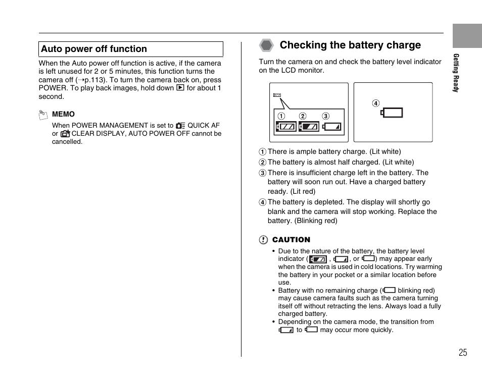 Checking the battery charge, Auto power off function | FujiFilm F45fd User Manual | Page 25 / 180