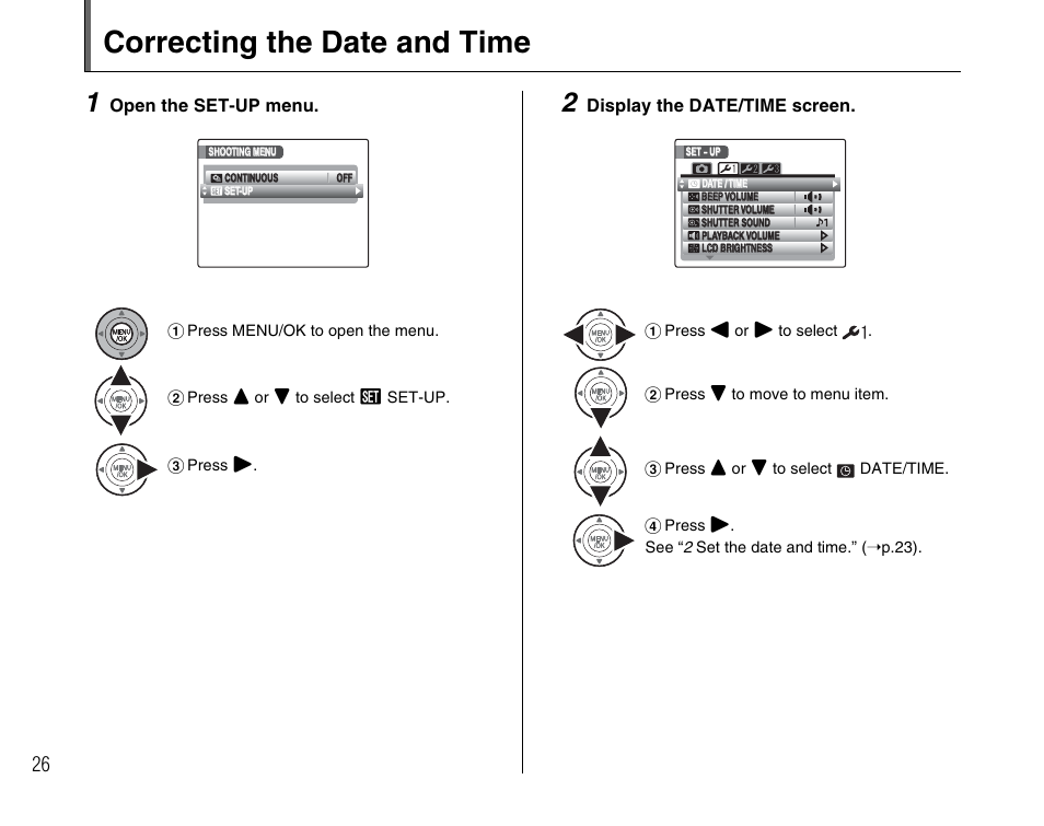 Correcting the date and time | FujiFilm F45fd User Manual | Page 26 / 180