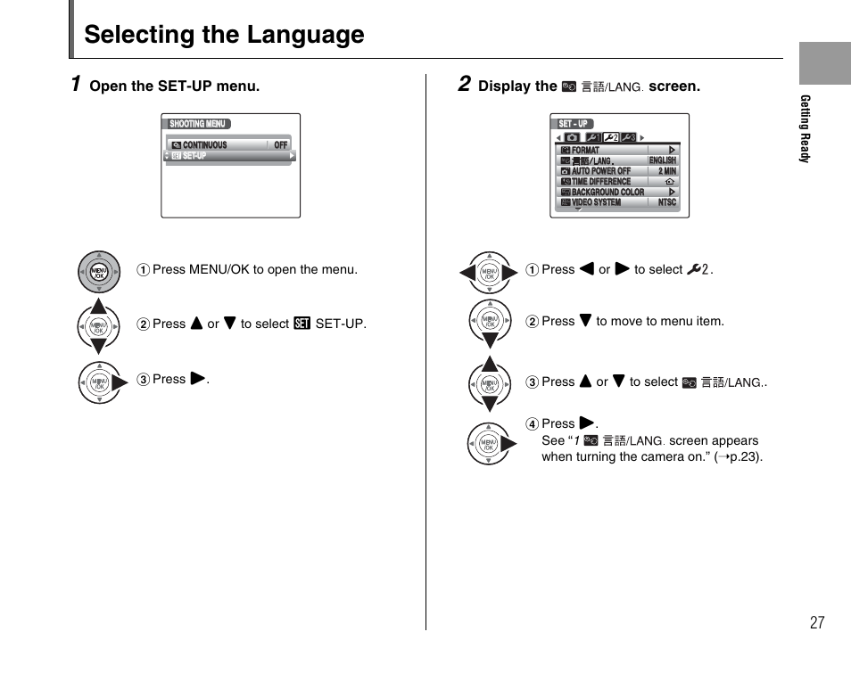 Selecting the language | FujiFilm F45fd User Manual | Page 27 / 180