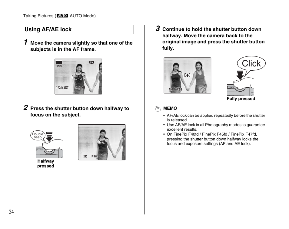 Click, Using af/ae lock | FujiFilm F45fd User Manual | Page 34 / 180