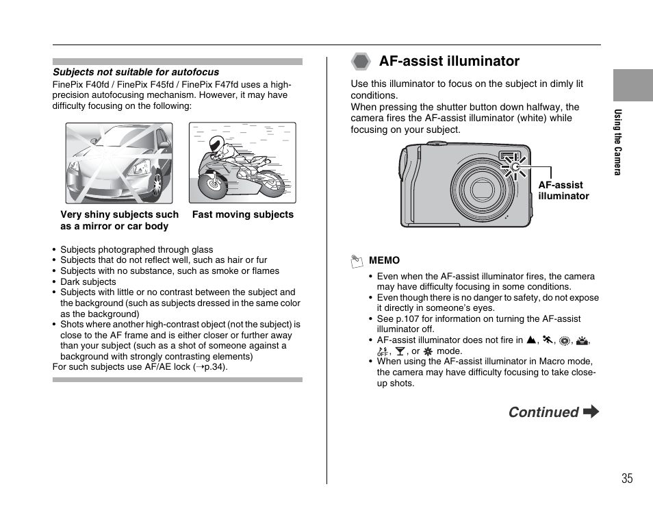 Af-assist illuminator, Continued q | FujiFilm F45fd User Manual | Page 35 / 180