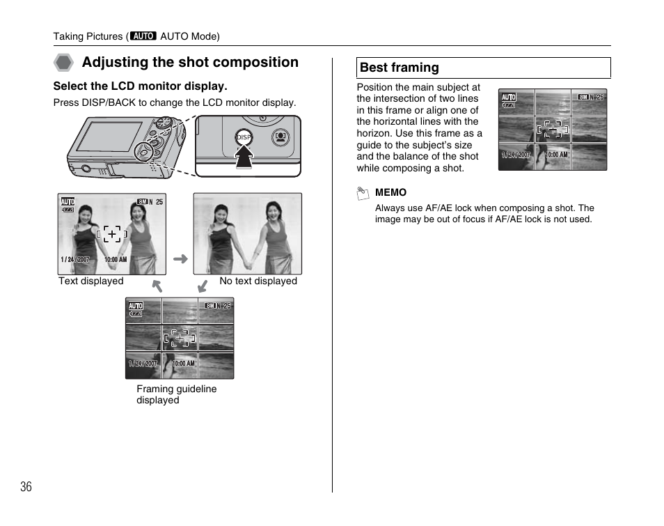 Adjusting the shot composition, Best framing | FujiFilm F45fd User Manual | Page 36 / 180