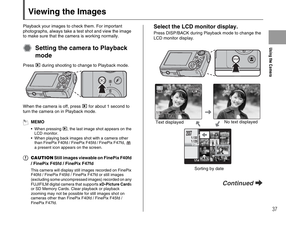 Viewing the images, Setting the camera to playback mode, Continued q | Select the lcd monitor display | FujiFilm F45fd User Manual | Page 37 / 180