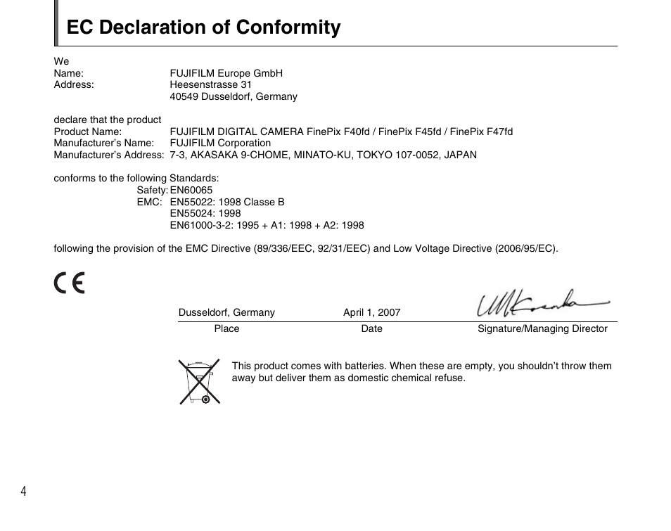 Ec declaration of conformity | FujiFilm F45fd User Manual | Page 4 / 180