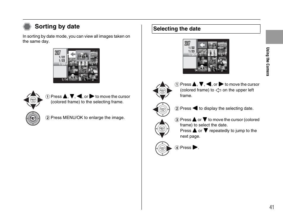 Sorting by date, Selecting the date | FujiFilm F45fd User Manual | Page 41 / 180