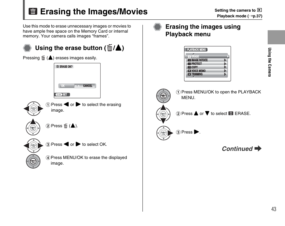 Erasing the images/movies, Using the erase button ( / n ), Erasing the images using playback menu continued q | FujiFilm F45fd User Manual | Page 43 / 180