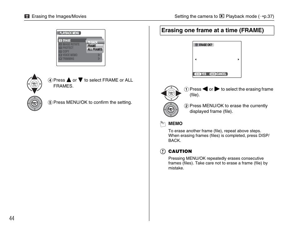 Erasing one frame at a time (frame) | FujiFilm F45fd User Manual | Page 44 / 180