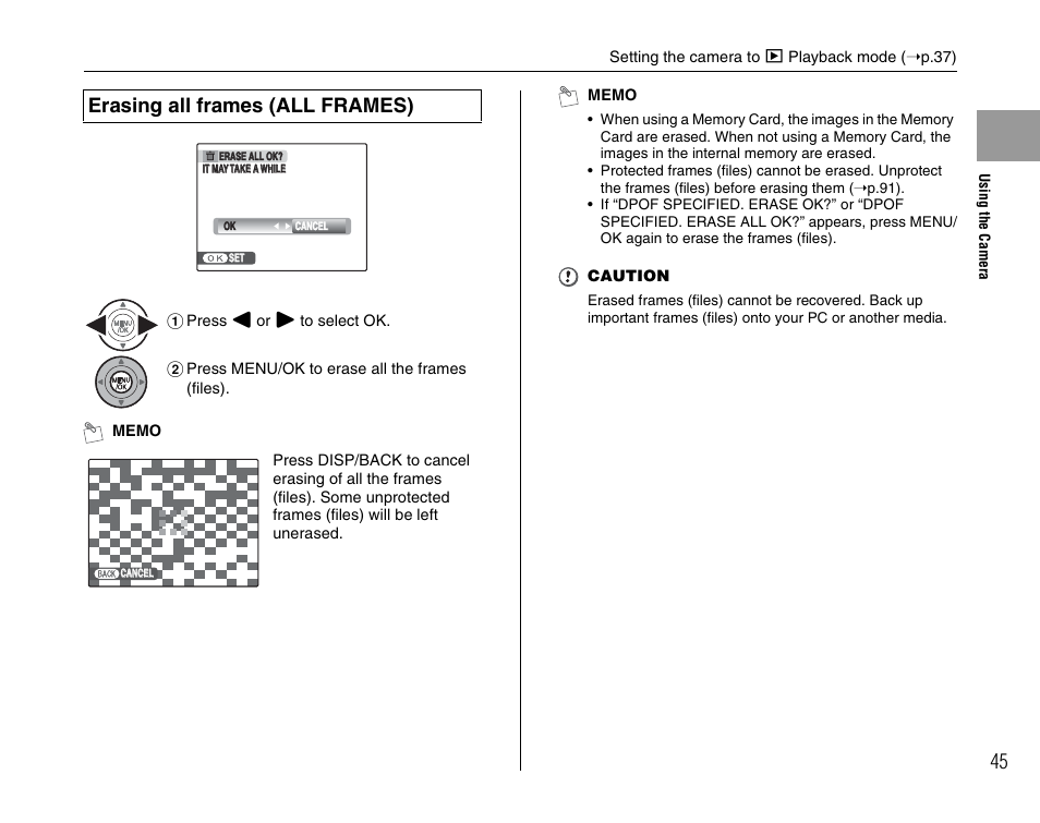 Erasing all frames (all frames) | FujiFilm F45fd User Manual | Page 45 / 180