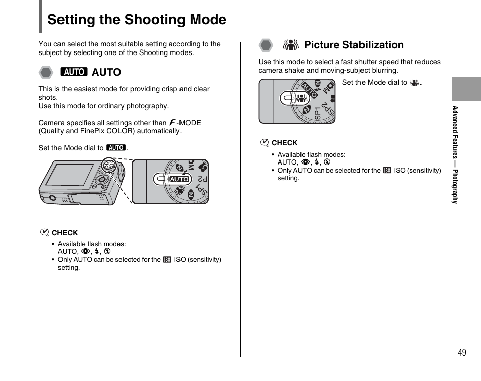 Setting the shooting mode, B auto, Picture stabilization | FujiFilm F45fd User Manual | Page 49 / 180