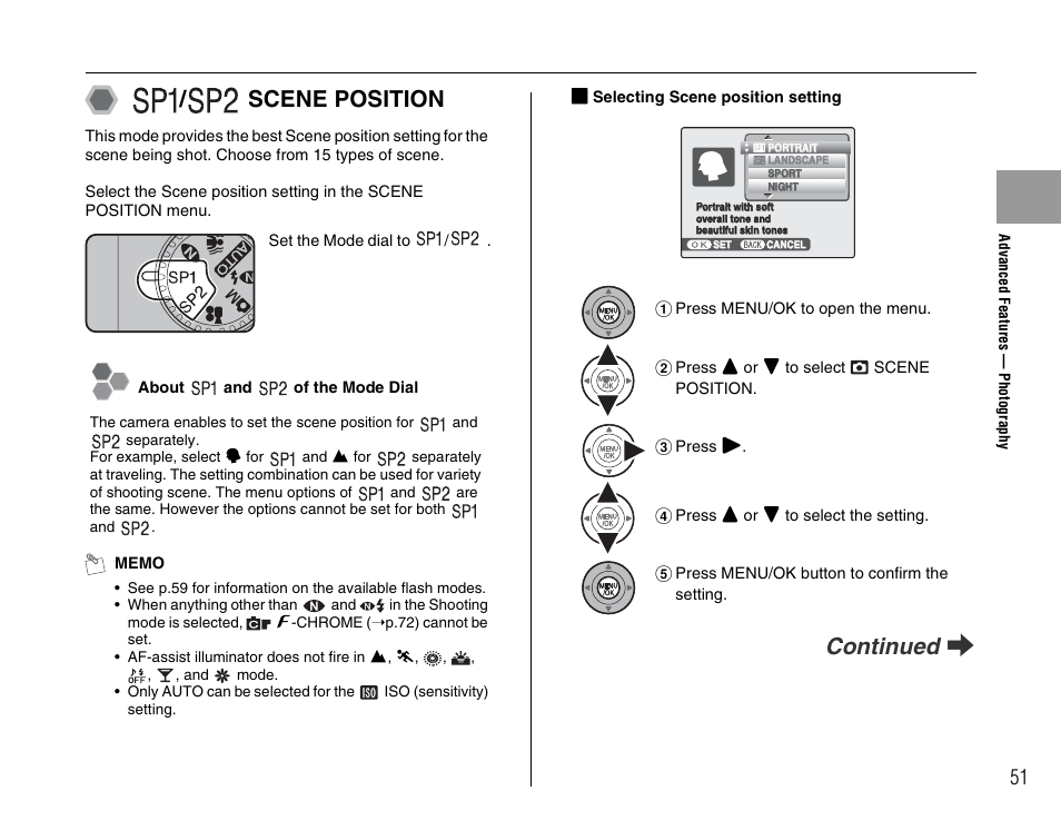 Scene position, Continued q | FujiFilm F45fd User Manual | Page 51 / 180