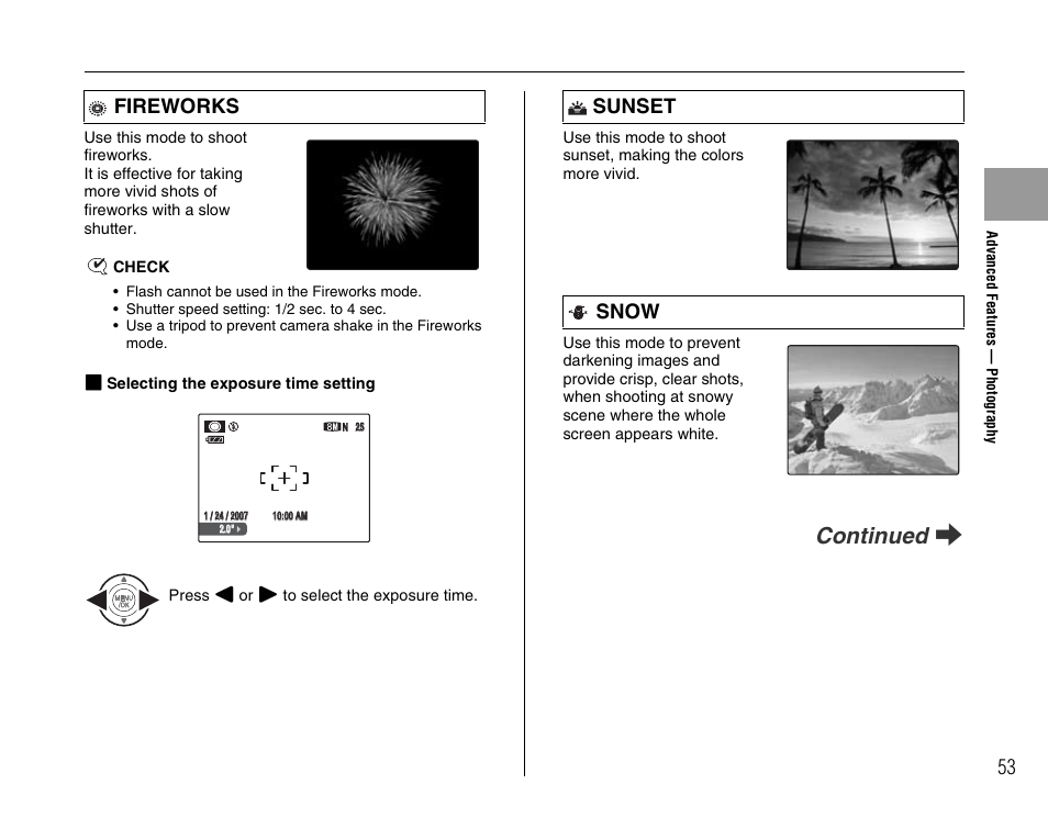 Continued q, Fireworks, Sunset snow | FujiFilm F45fd User Manual | Page 53 / 180