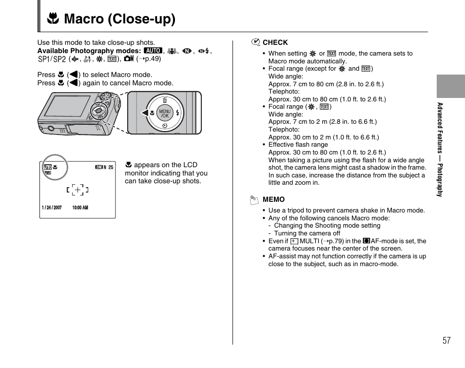 E macro (close-up) | FujiFilm F45fd User Manual | Page 57 / 180