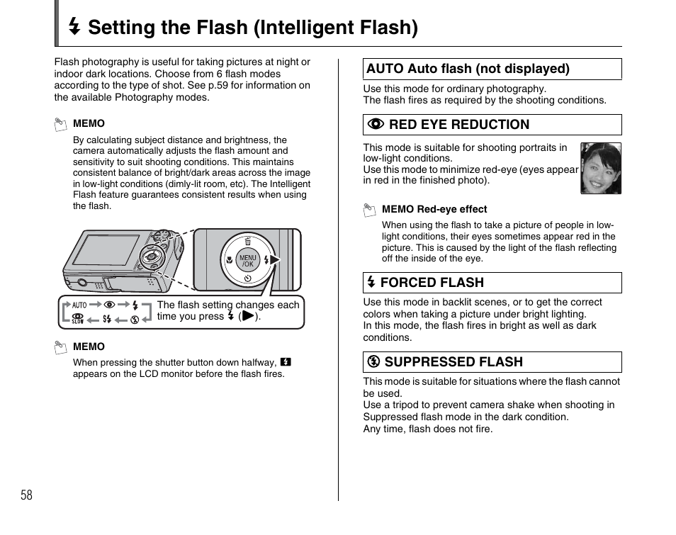 D setting the flash (intelligent flash) | FujiFilm F45fd User Manual | Page 58 / 180