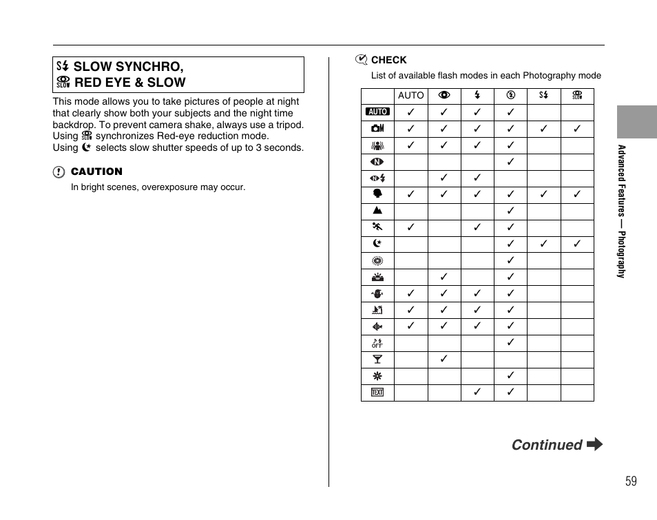 Continued q, C slow synchro, n red eye & slow | FujiFilm F45fd User Manual | Page 59 / 180