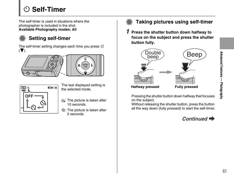 Self-timer, Beep, Setting self-timer | Taking pictures using self-timer, Continued q, Double beep | FujiFilm F45fd User Manual | Page 61 / 180