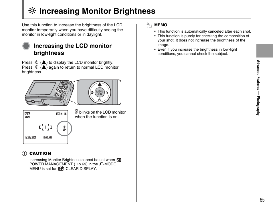 J increasing monitor brightness, Increasing the lcd monitor brightness | FujiFilm F45fd User Manual | Page 65 / 180