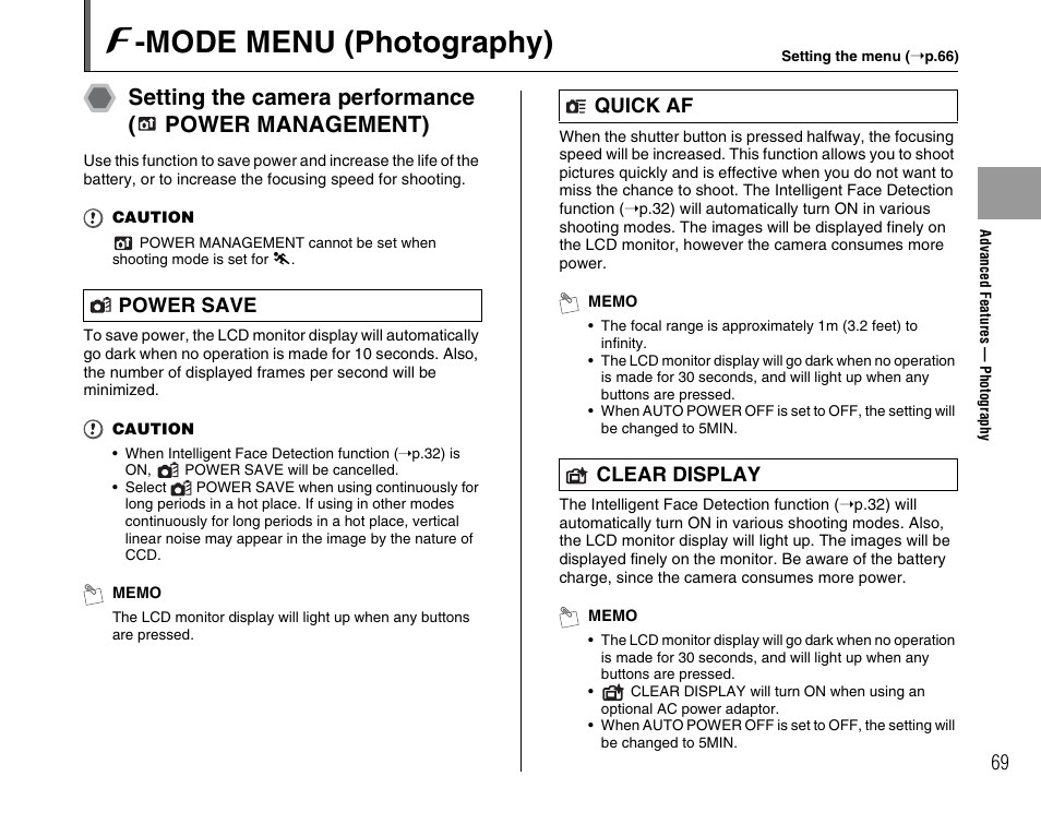 P -mode menu (photography), Setting the camera performance ( power management), Power save quick af clear display | FujiFilm F45fd User Manual | Page 69 / 180