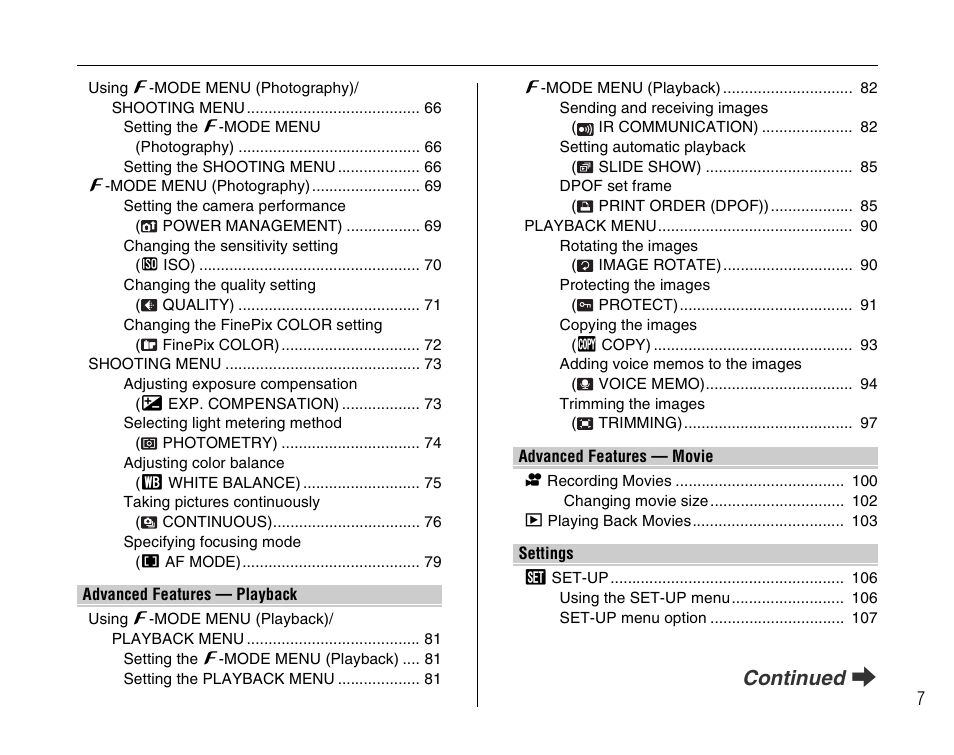 Continued q | FujiFilm F45fd User Manual | Page 7 / 180