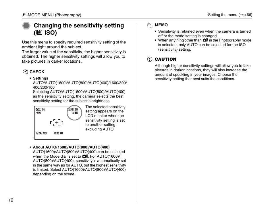 Changing the sensitivity setting ( s iso) | FujiFilm F45fd User Manual | Page 70 / 180