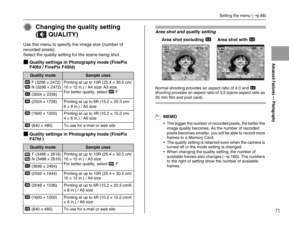 Changing the quality setting ( quality) | FujiFilm F45fd User Manual | Page 71 / 180