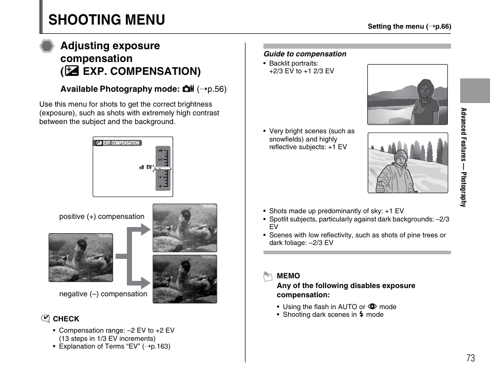 Shooting menu, Available photography mode: s ( ➝p.56) | FujiFilm F45fd User Manual | Page 73 / 180