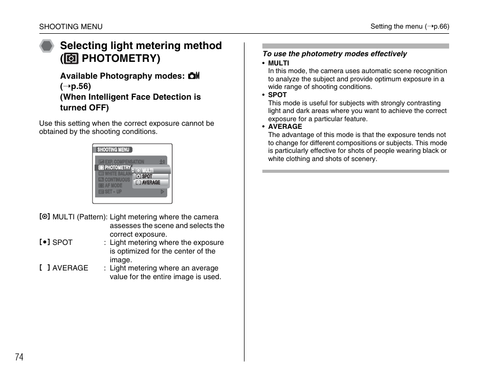 Selecting light metering method ( photometry) | FujiFilm F45fd User Manual | Page 74 / 180