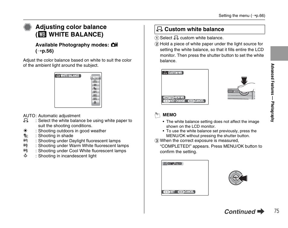 Adjusting color balance ( t white balance), Continued q, Custom white balance | FujiFilm F45fd User Manual | Page 75 / 180