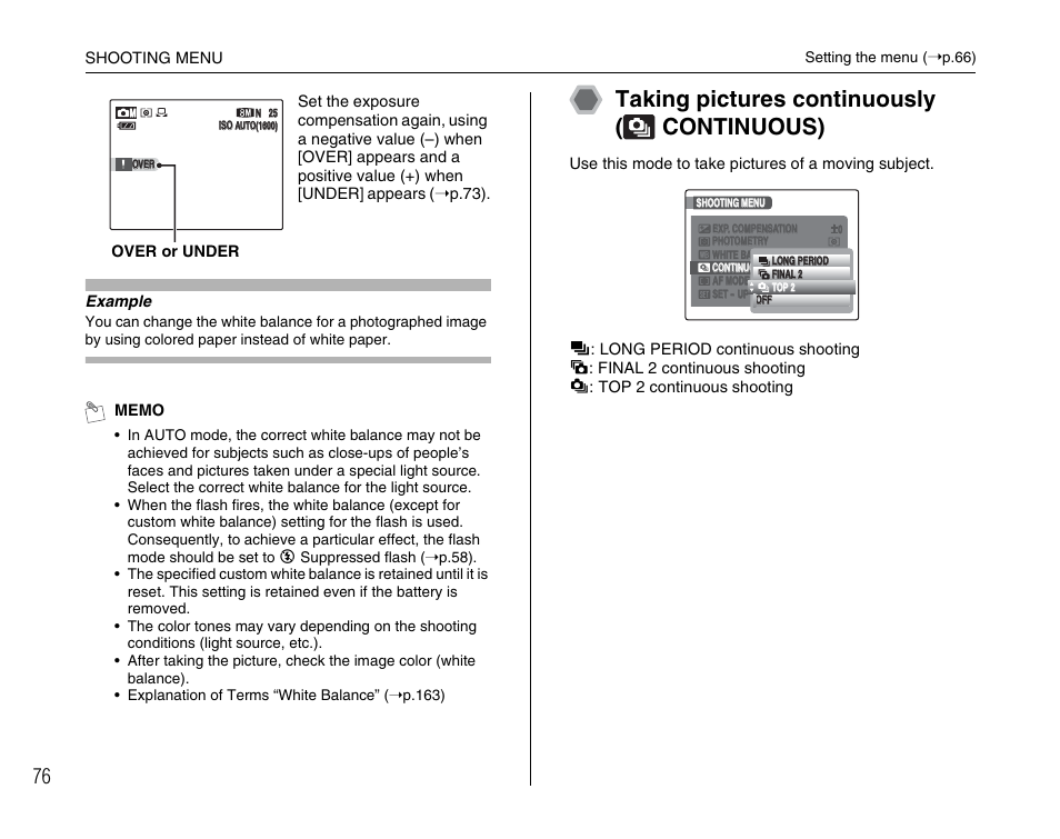 Taking pictures continuously ( continuous) | FujiFilm F45fd User Manual | Page 76 / 180