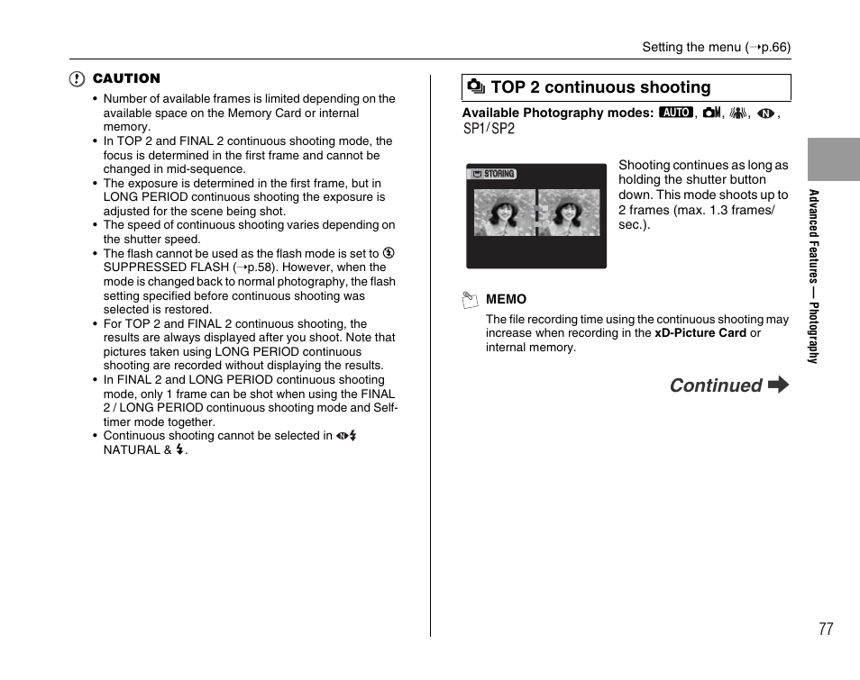 Continued q, F top 2 continuous shooting | FujiFilm F45fd User Manual | Page 77 / 180