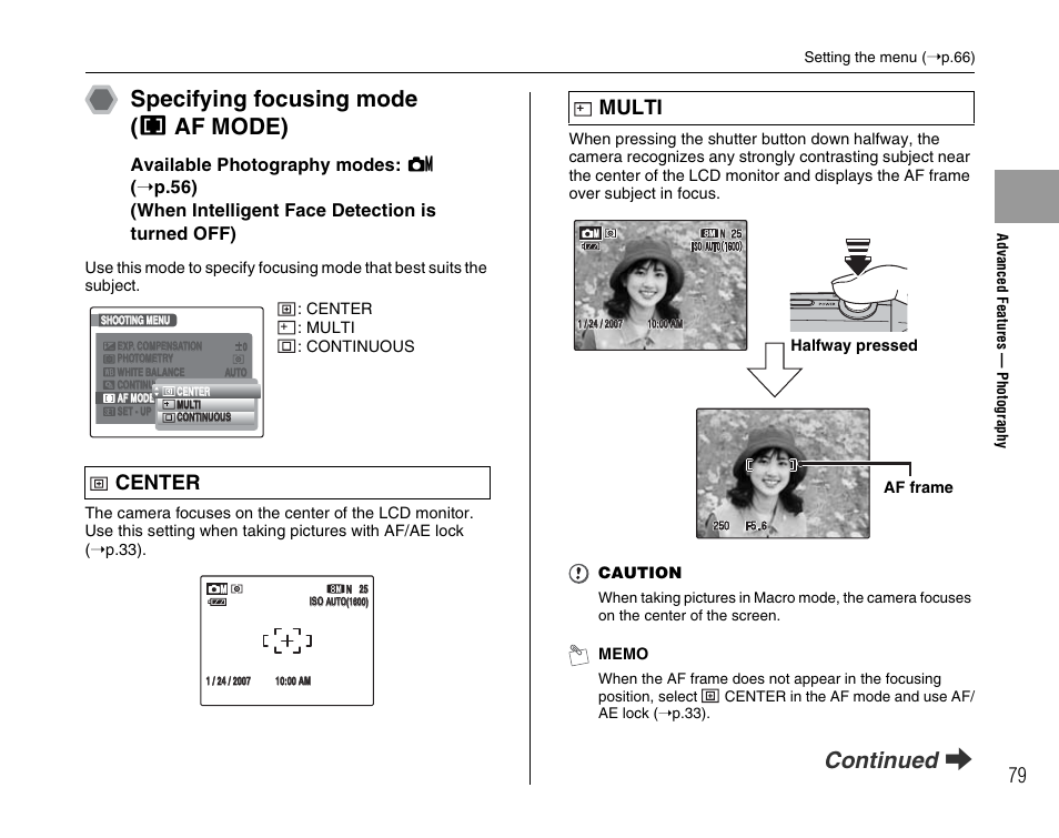 Specifying focusing mode ( h af mode), Continued q, Center | Multi | FujiFilm F45fd User Manual | Page 79 / 180