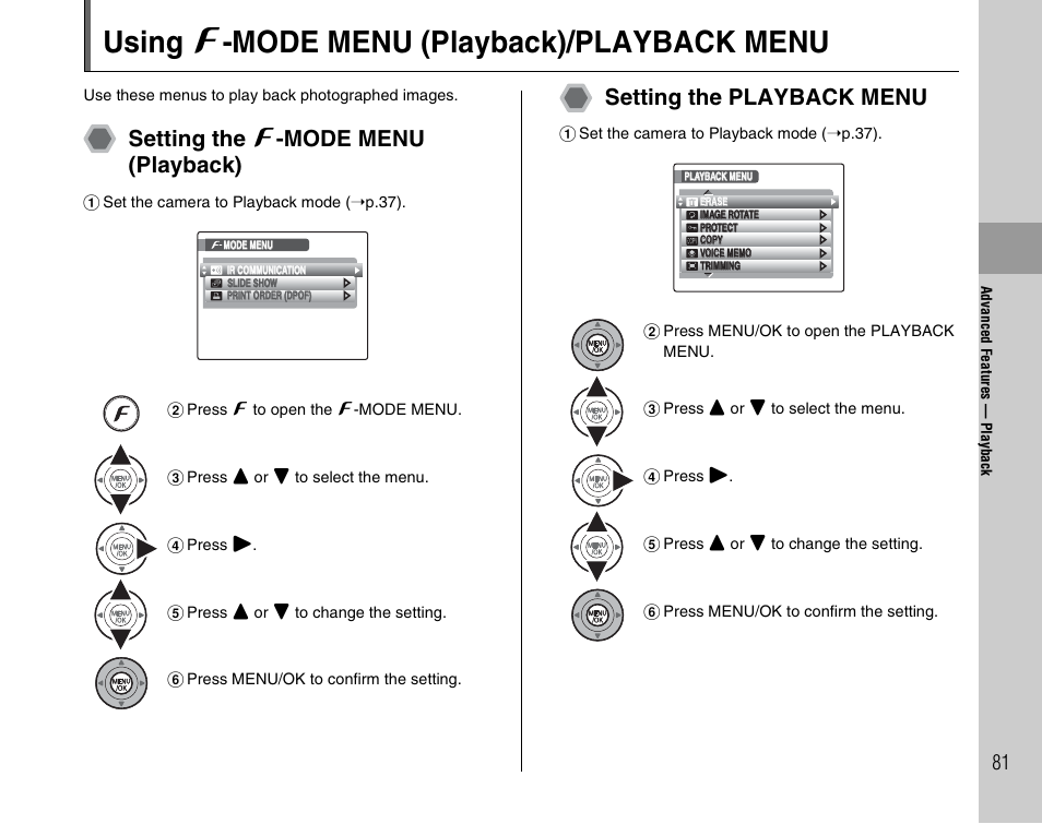 Using p -mode menu (playback)/playback menu, Setting the p -mode menu (playback), Setting the playback menu | FujiFilm F45fd User Manual | Page 81 / 180