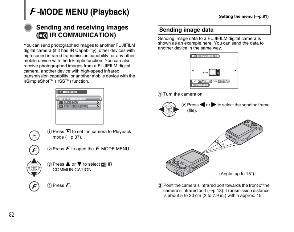 P -mode menu (playback), Sending and receiving images ( ir communication), Sending image data | FujiFilm F45fd User Manual | Page 82 / 180