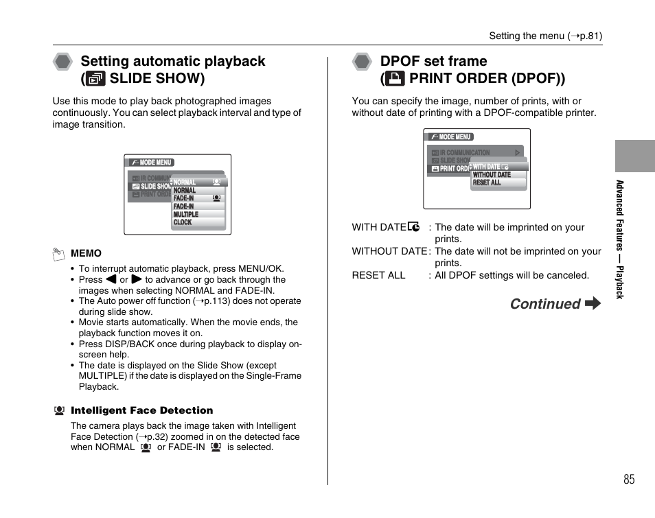 Setting automatic playback ( slide show), Dpof set frame ( print order (dpof)), Continued q | FujiFilm F45fd User Manual | Page 85 / 180