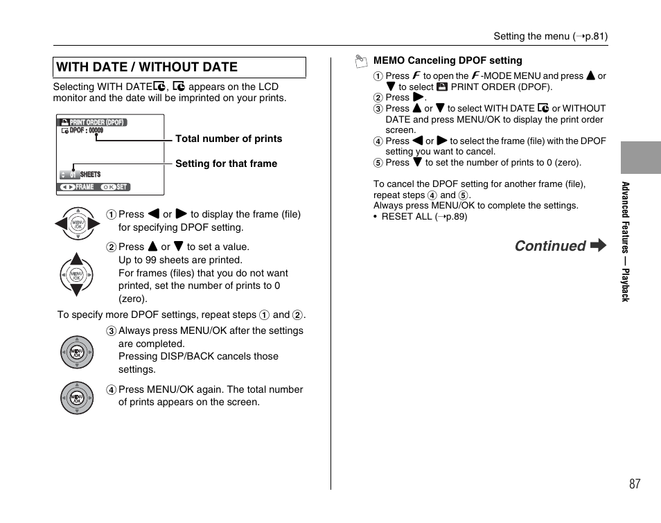 Continued q, With date / without date | FujiFilm F45fd User Manual | Page 87 / 180