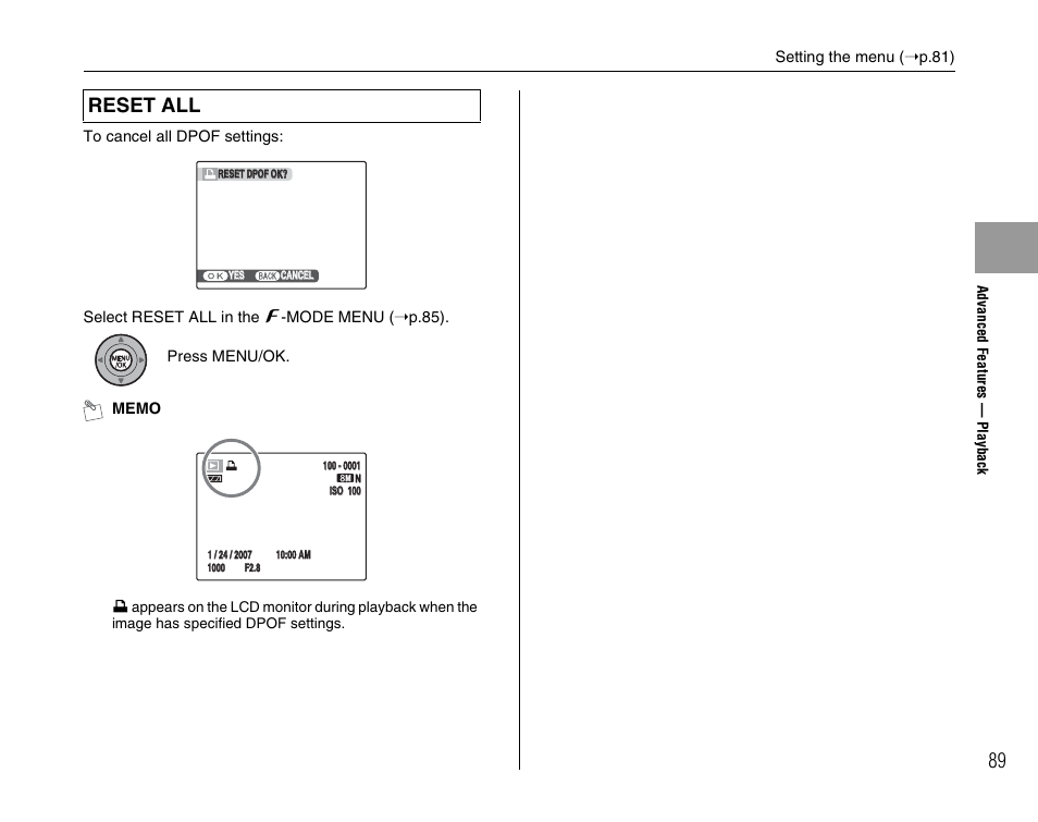 Reset all | FujiFilm F45fd User Manual | Page 89 / 180