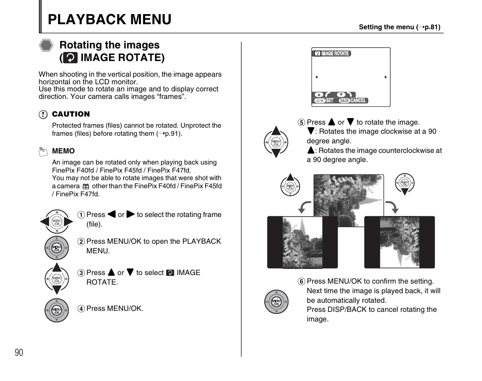 Playback menu, Rotating the images ( image rotate) | FujiFilm F45fd User Manual | Page 90 / 180